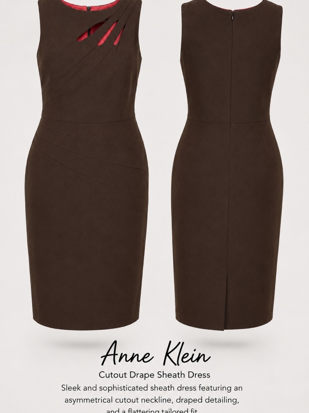 Anne Klein Brown Sheath Dress with Pink Lining Peek